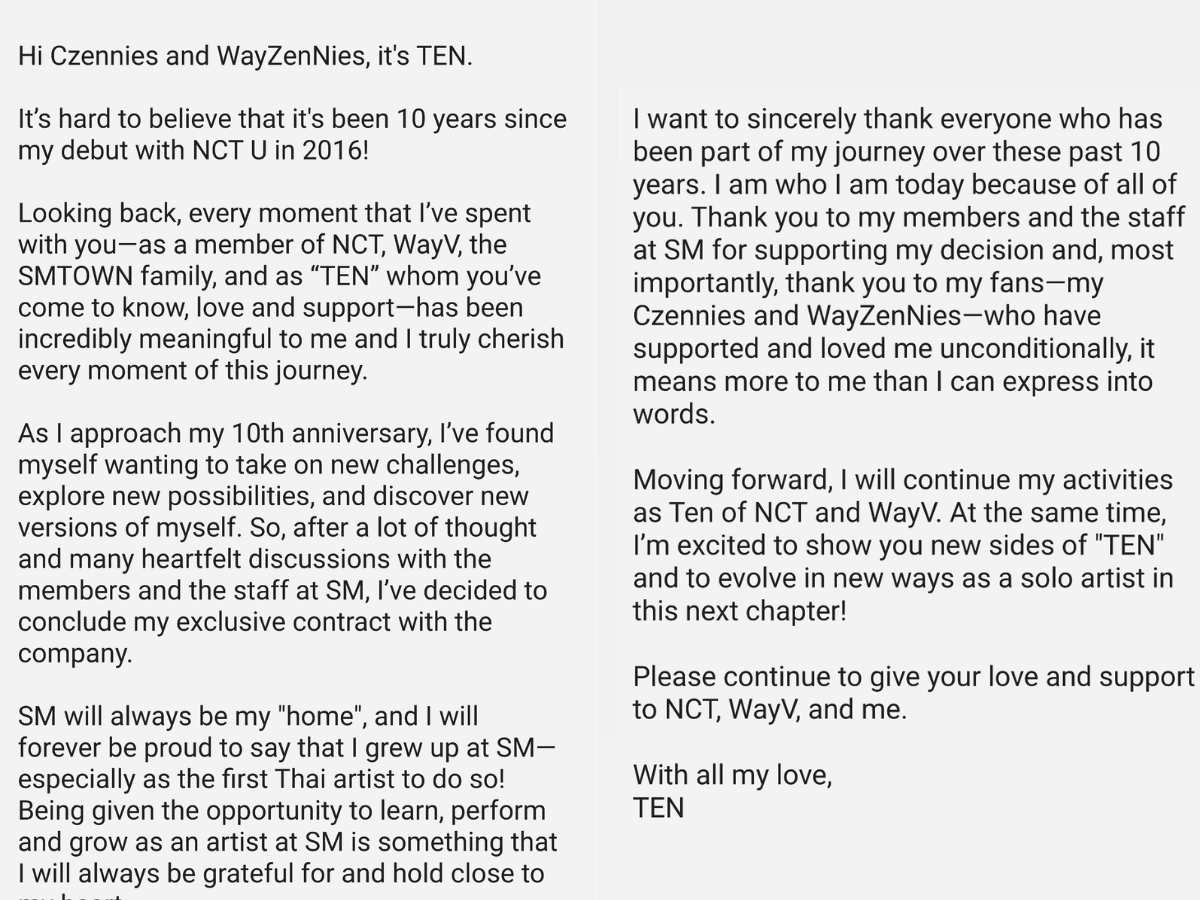 NCT’s TEN Leaves SM Ent But May Stay With WayV